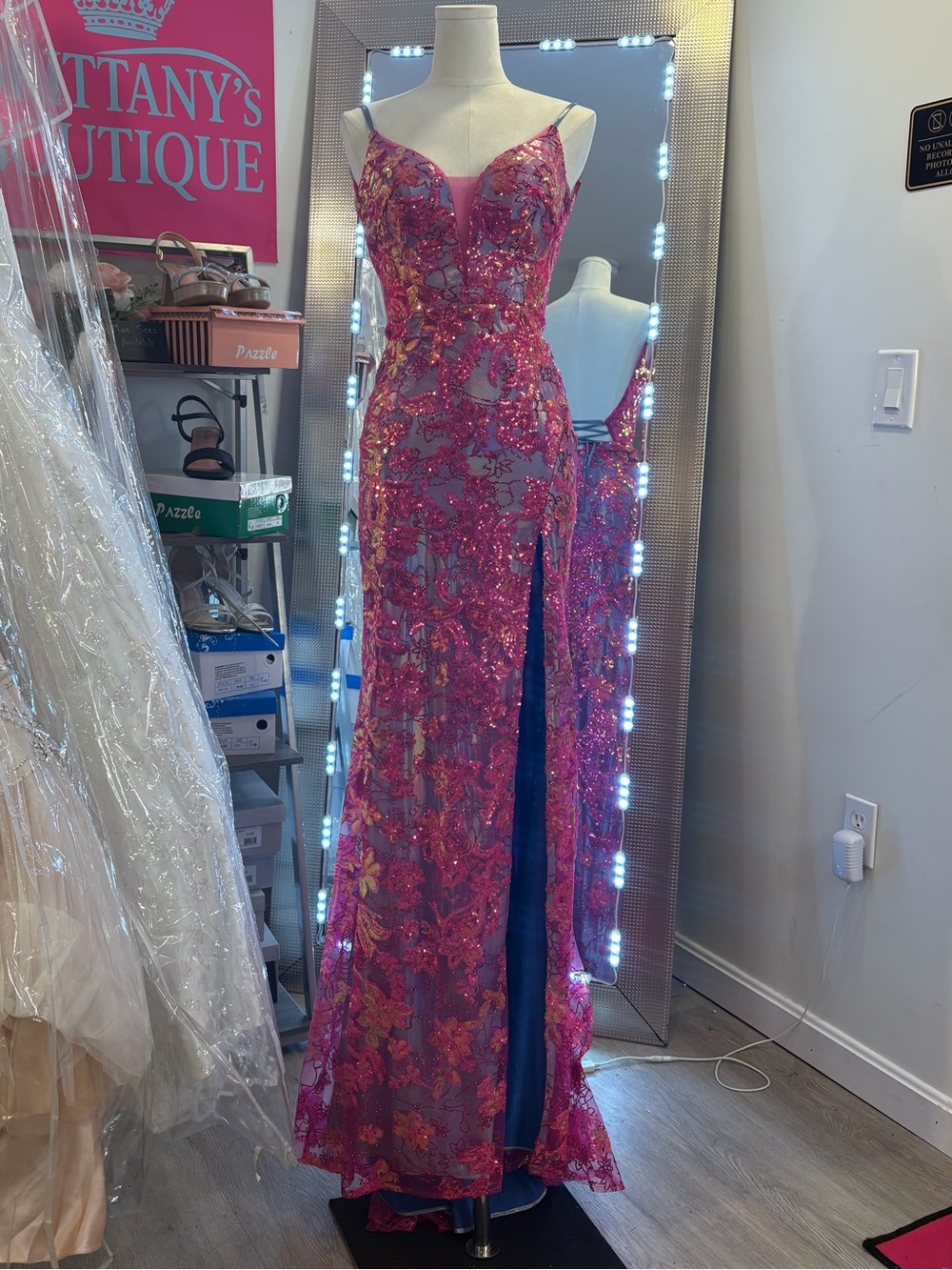 Pink Floral Evening Gown with High Slit